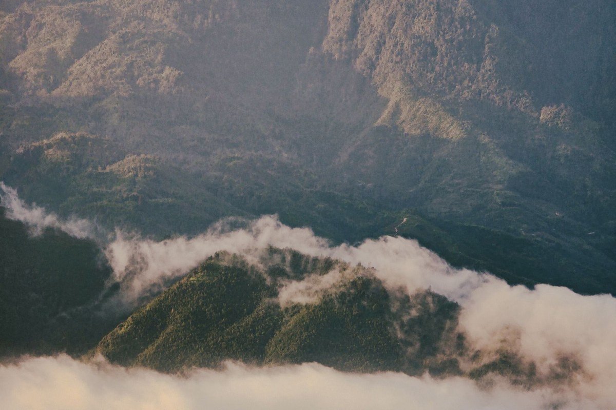 sweeping misty mountain valley at dawn with low clouds and dramatic fog