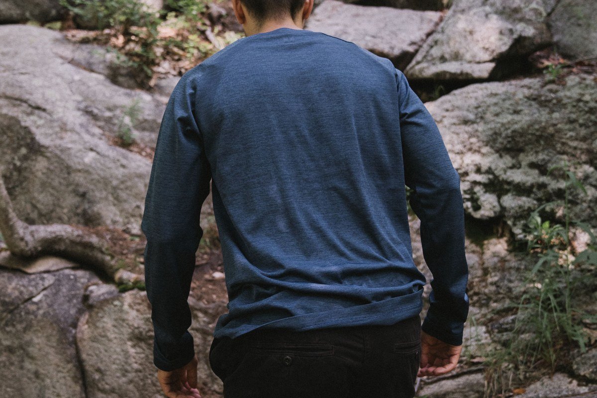 waffle henley long sleeve rolled up rocky lake shoreline hiking