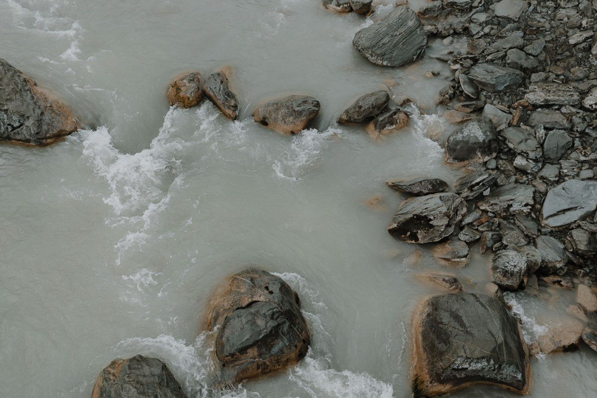 New Zealand South Island aerial view glaciers and braided rivers Westland