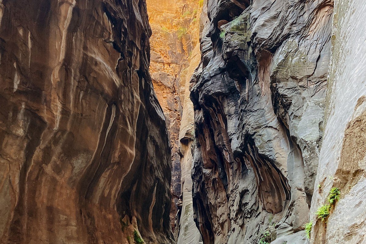 canyoneer rappelling slot canyon waterfall in Zion Narrows Utah with red sandstone walls glowing orange