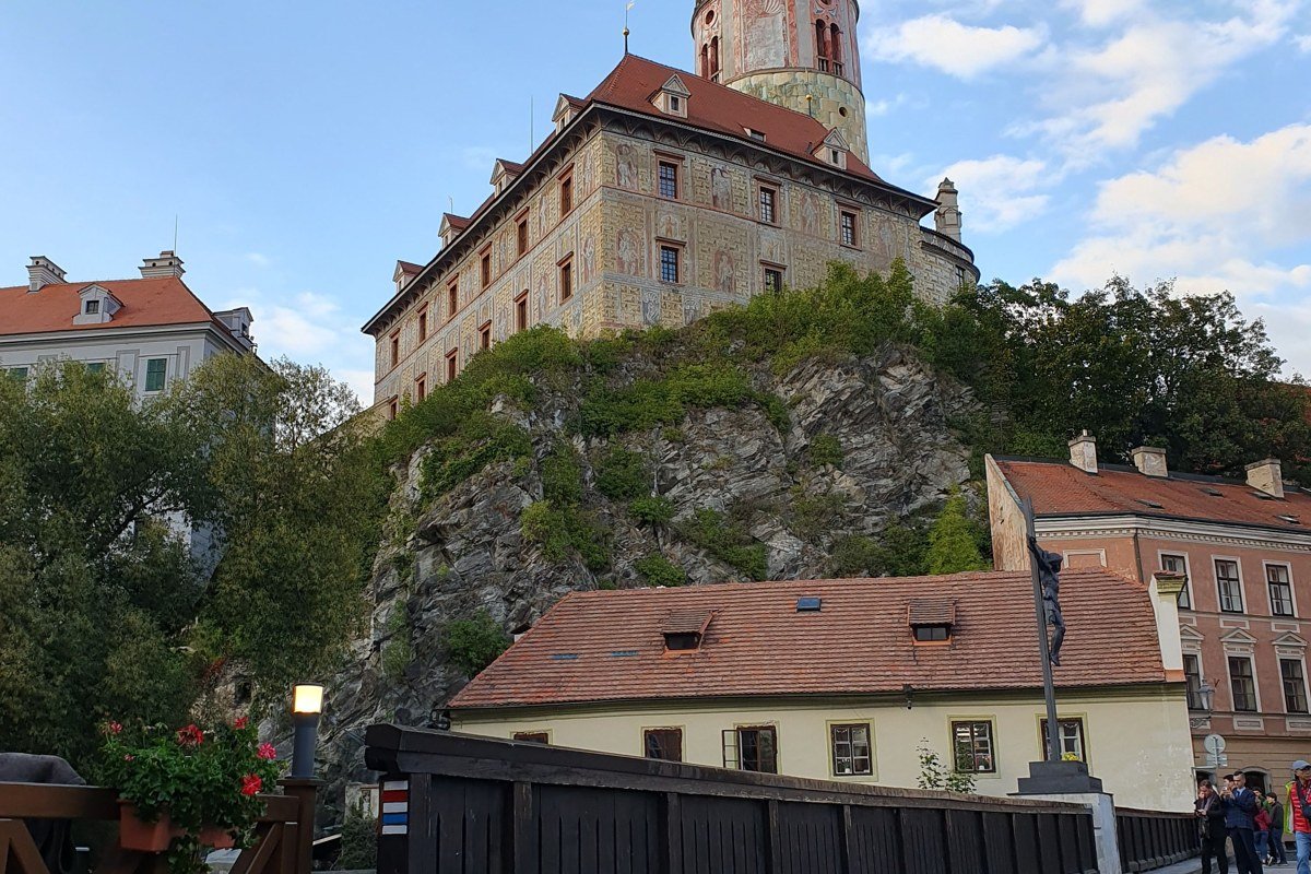 Cesky Krumlov Czech Republic castle bend river autumn aerial view