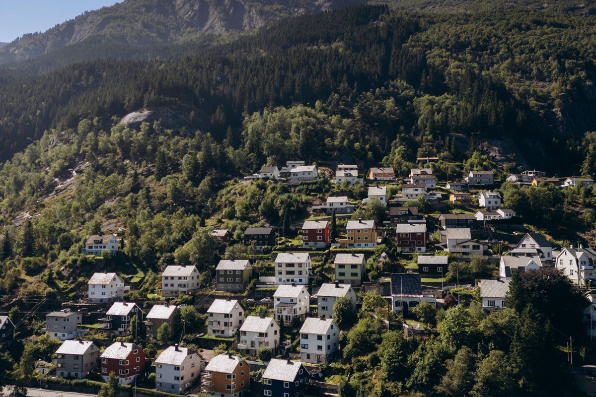 Undredal Norway tiny village colorful wooden houses Aurlandsfjord steep mountain cliffs