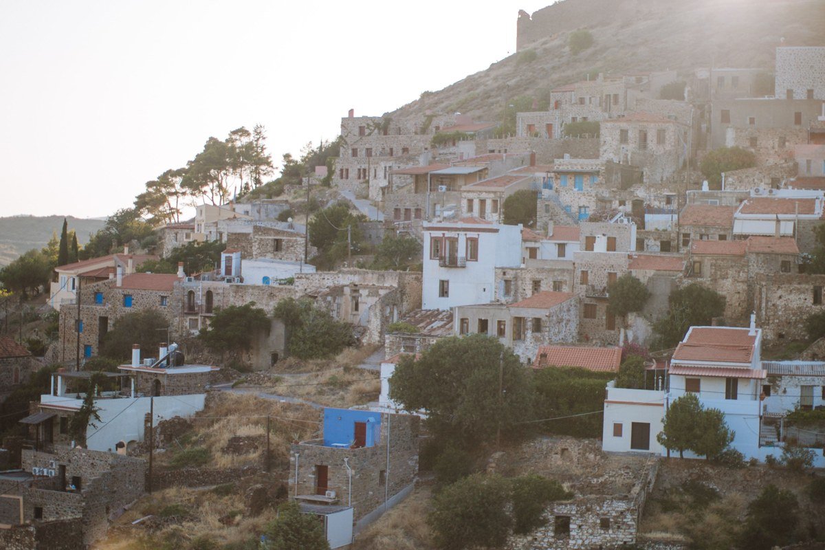 Tilos Greece Megalo Chorio village abandoned hilltop castle medieval ruins overlooking bay