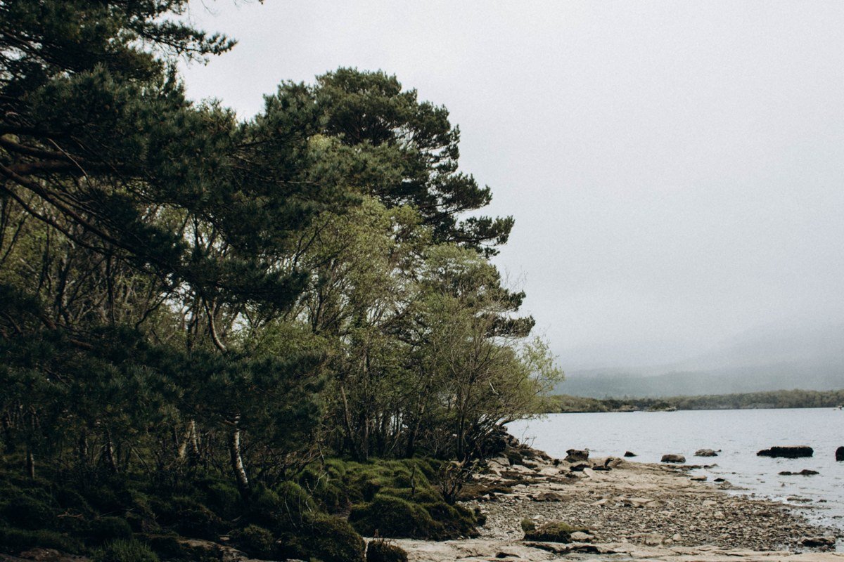 Loch an Eilein Cairngorms Scotland ruined castle island ancient Caledonian pines mist