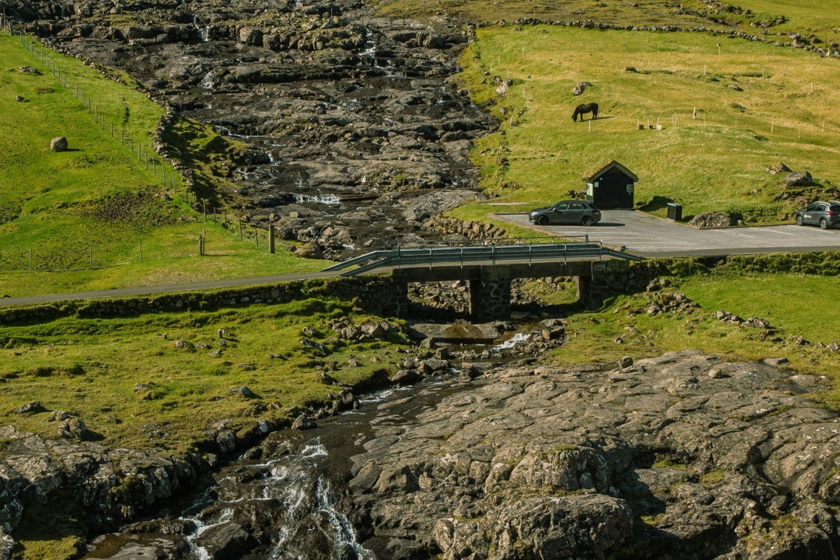 Faroe Islands misty village turf roof houses dramatic Atlantic cliffs fog