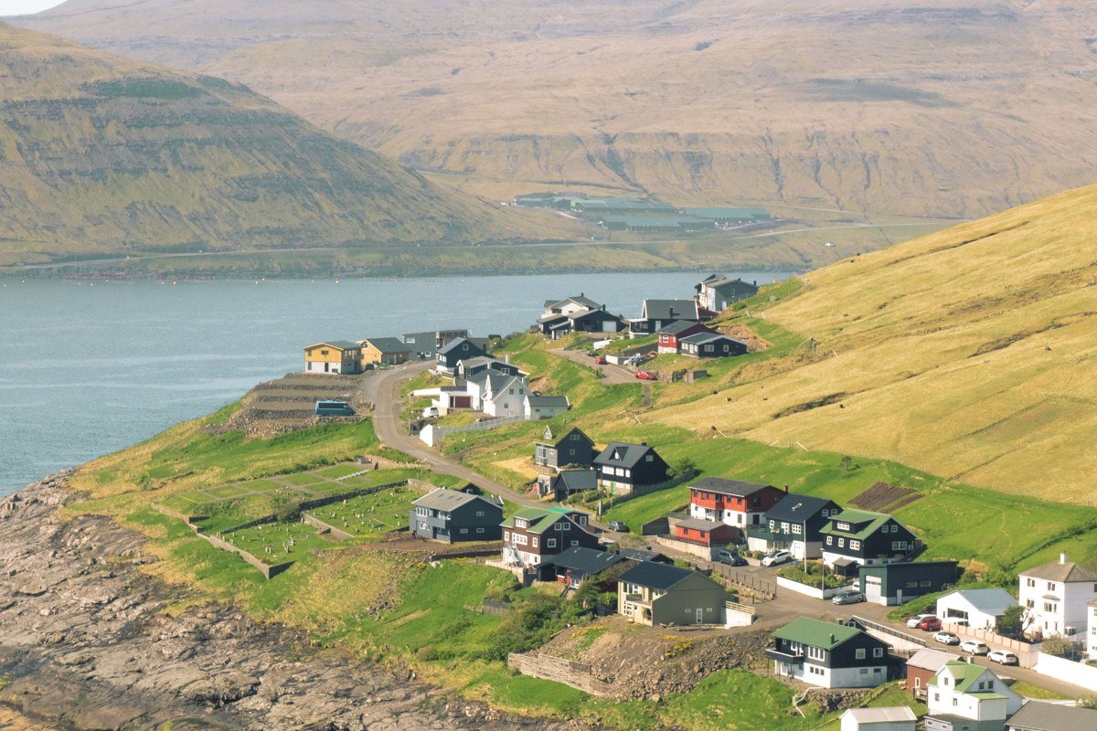 Elduvik Faroe Islands small village fjord dramatic mountain reflection calm water