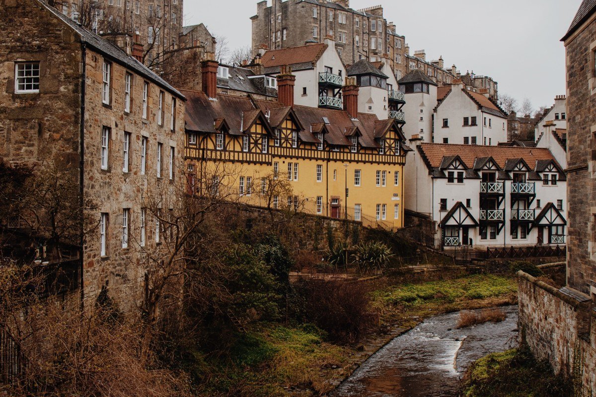 Peebles Scotland high street stone buildings River Tweed bridge misty autumn morning