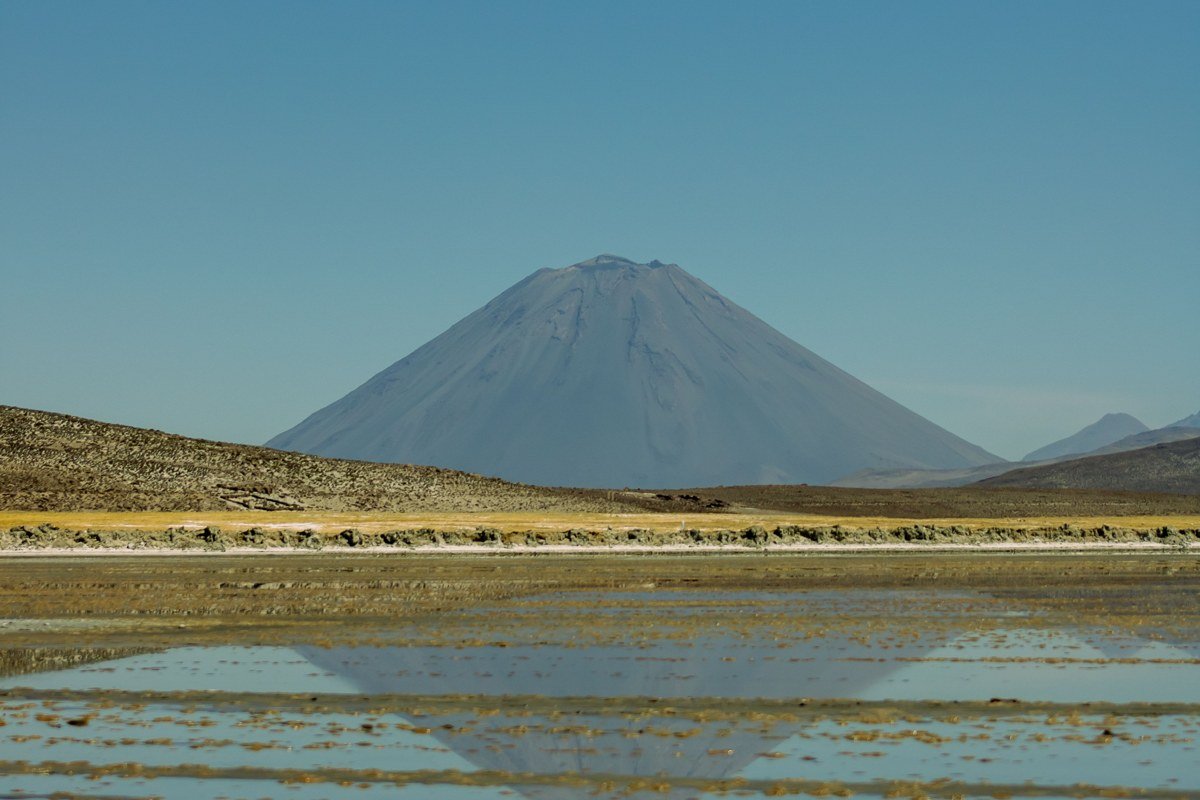 Salar de Chiguana Bolivia small salt flat railway tracks Ollagüe volcano smoking horizon dry season minimalist landscape