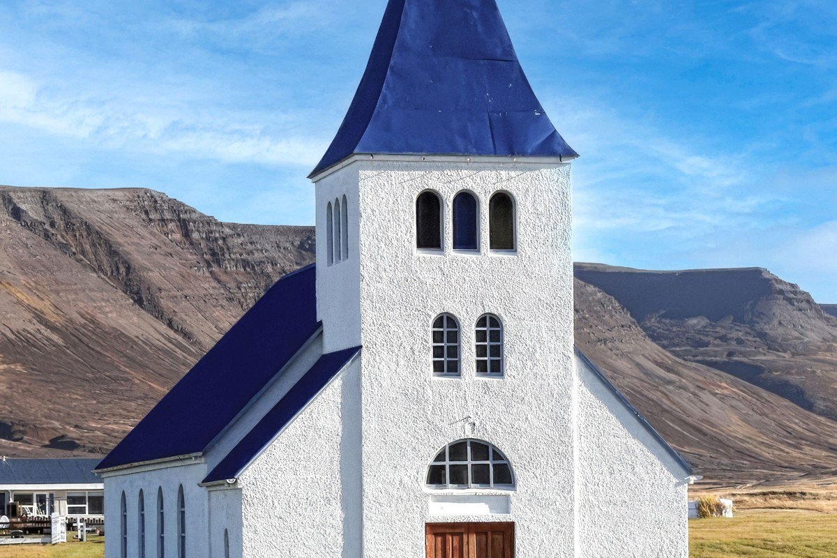 Hofsos Iceland turf roof village harbor view Skagafjordur fjord swimming pool