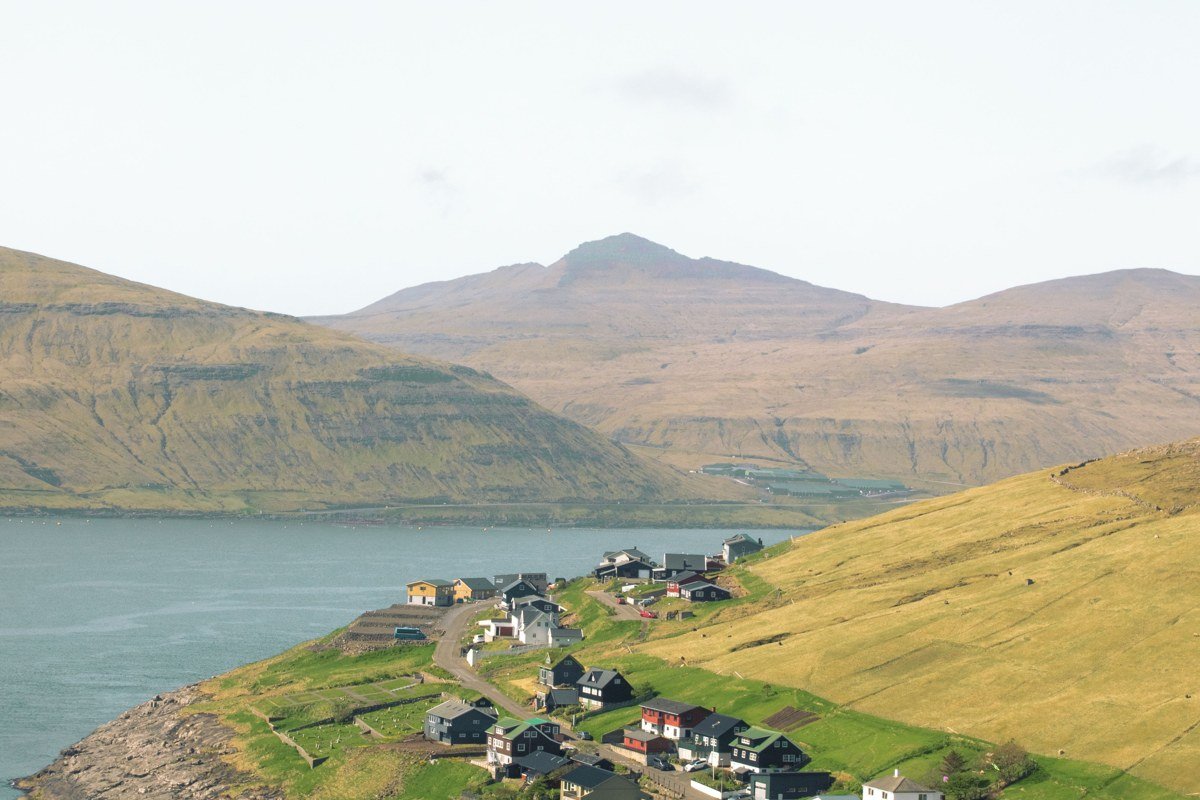 Faroe Islands dramatic sea cliffs fog Atlantic ocean aerial view