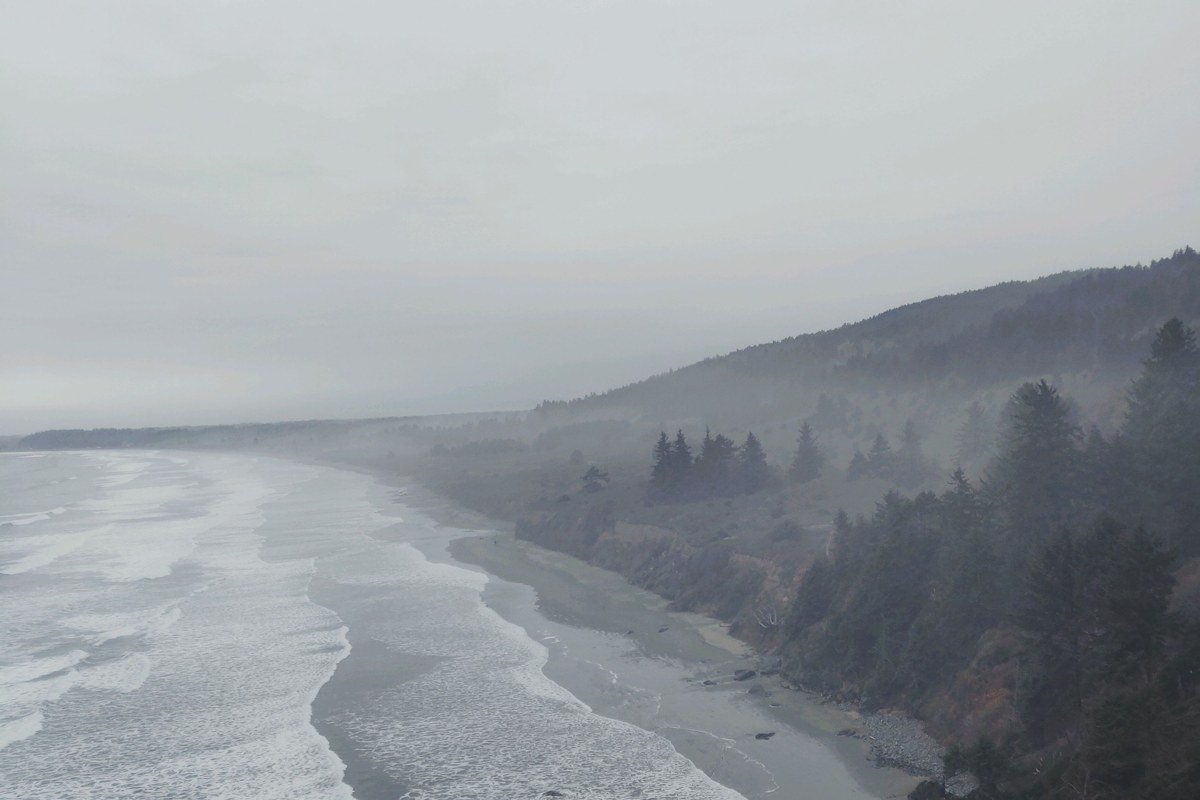 Trinidad California northern coast fishing village Trinidad Head lighthouse fog