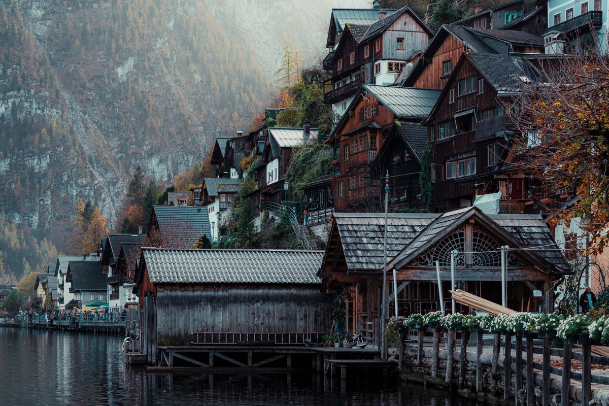 misty mountain lake town USA autumn reflection still water