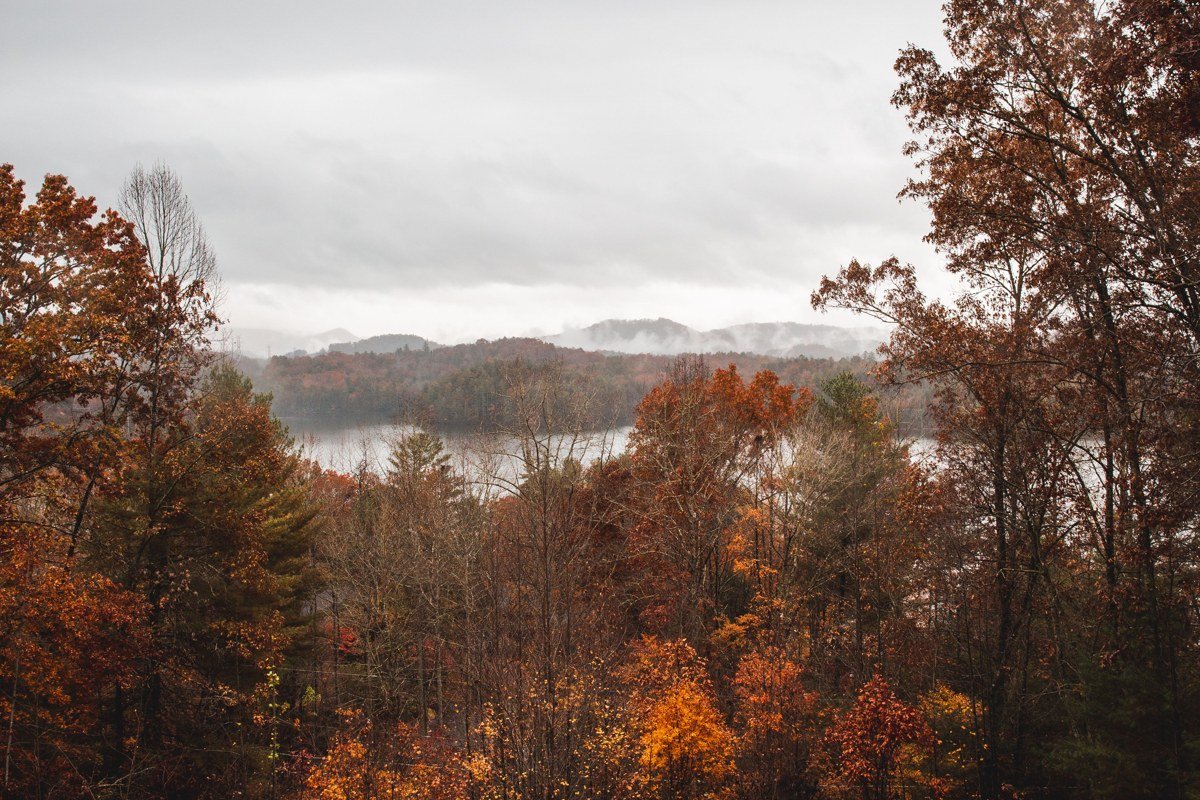 Appalachian mountain hollow misty autumn morning with fog over forested ridges and a wooden cabin porch