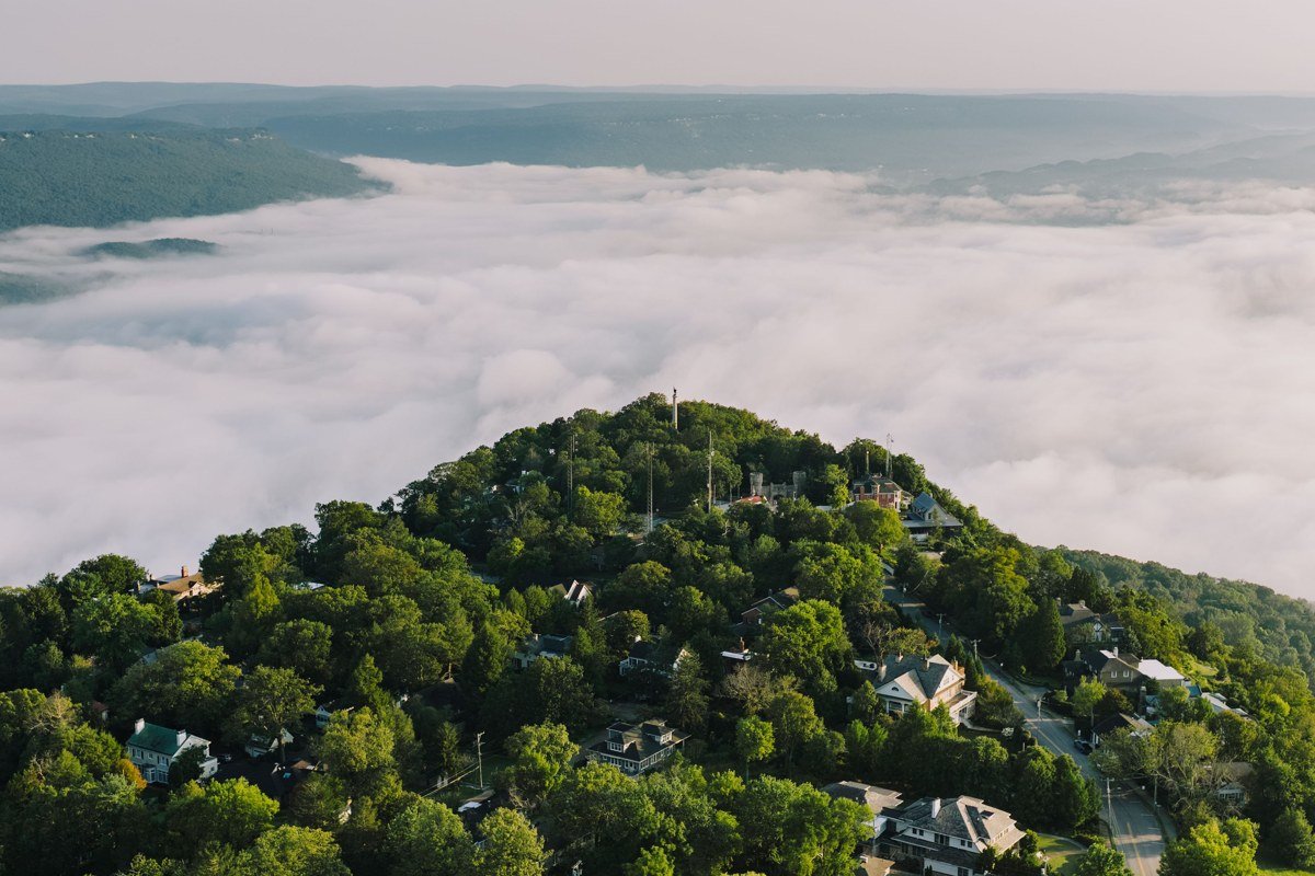 Hot Springs North Carolina French Broad River morning mist with small-town main street and Appalachian Trail crossing