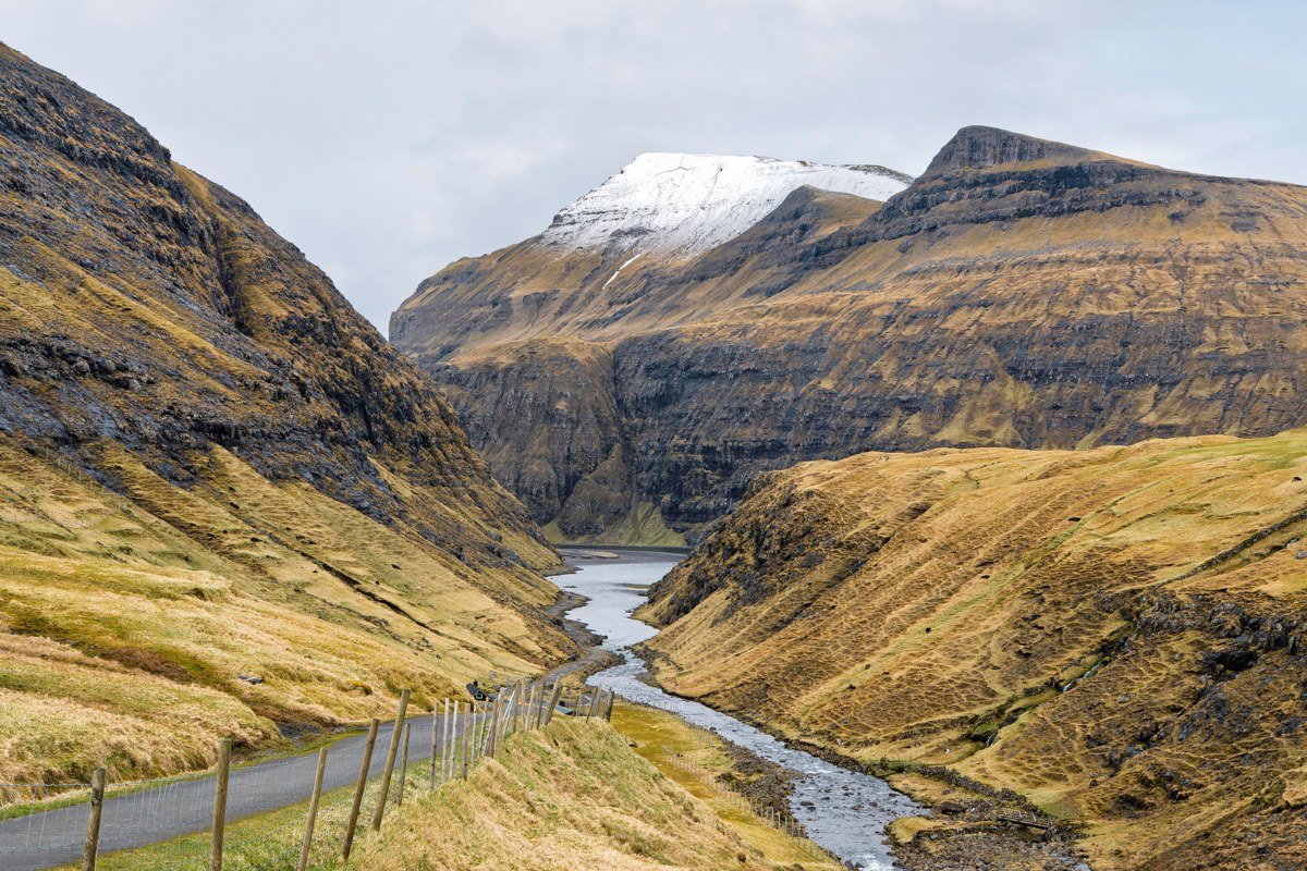 Saksun village tidal lagoon Faroe Islands aerial green valley turf roof church