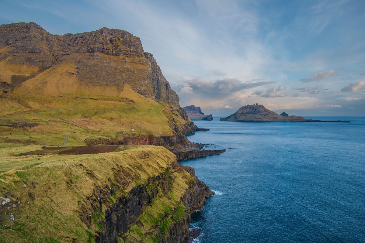 Kallur lighthouse Kalsoy Faroe Islands ridge trail aerial ocean cliffs dramatic
