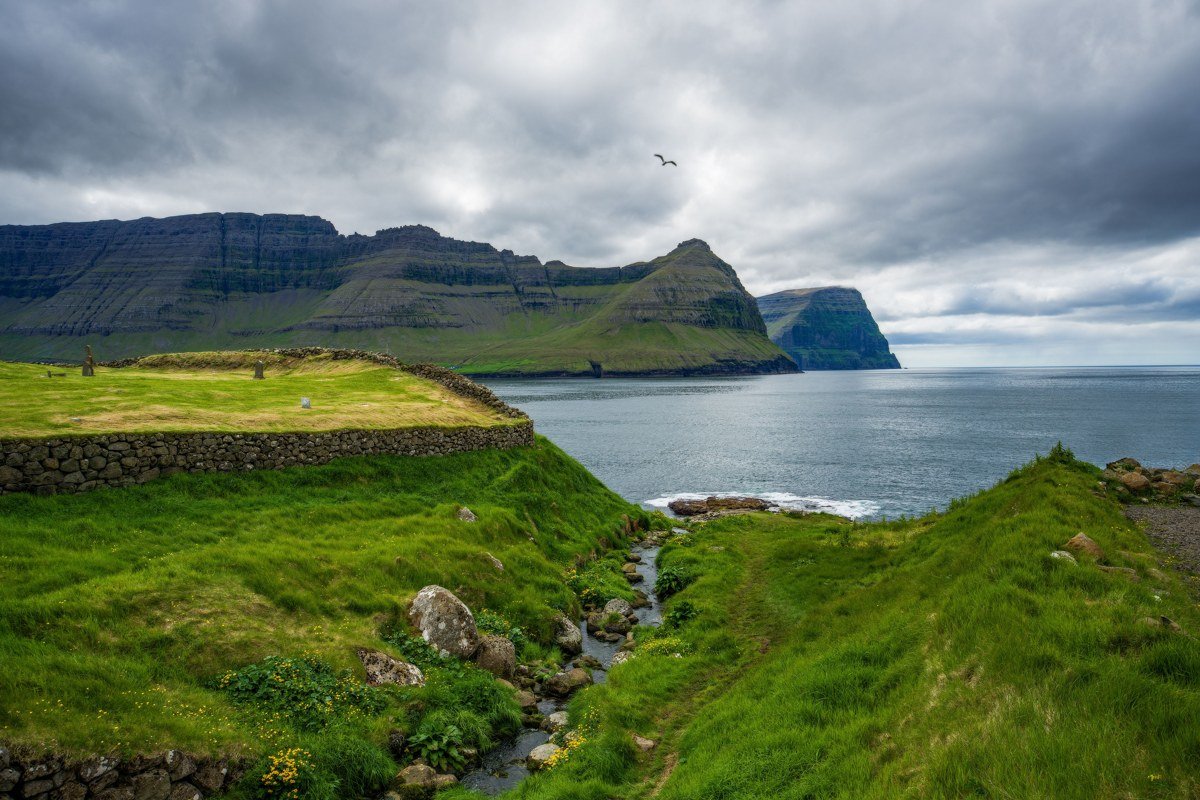 Enniberg cliffs Faroe Islands vertical drop ocean mist narrow path