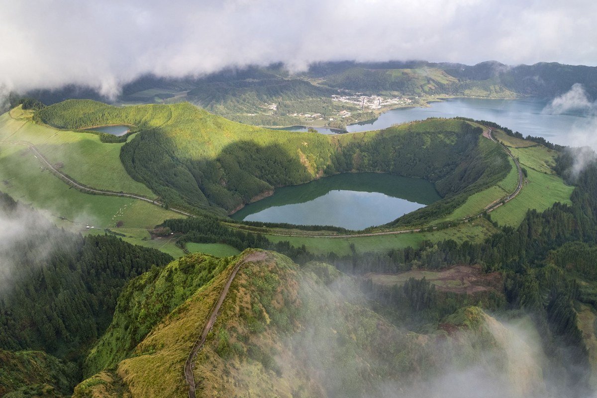 Sete Cidades twin lakes Azores aerial view misty green volcanic crater