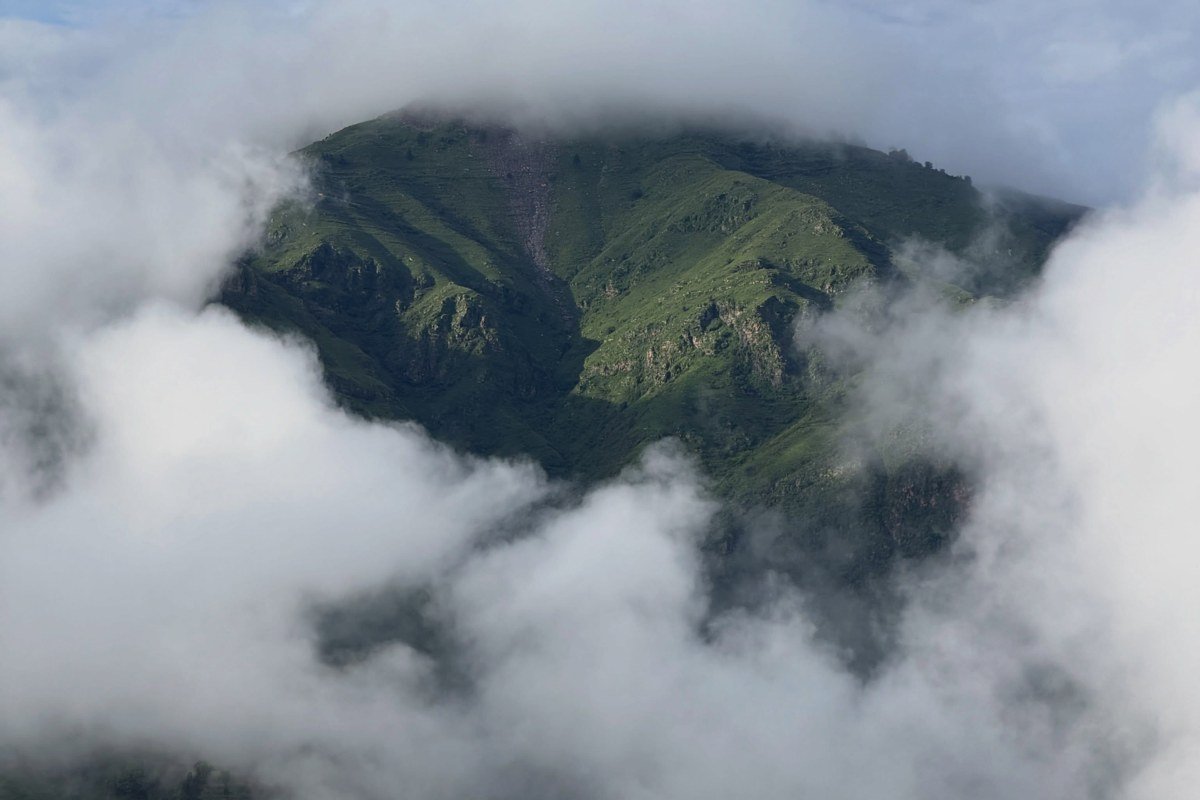 Carpathian Mountains misty morning fog over forested peaks and meadows