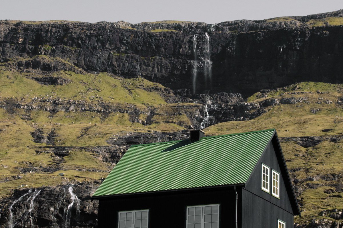 Elduvik Faroe Islands remote fjord village colourful houses reflection still water