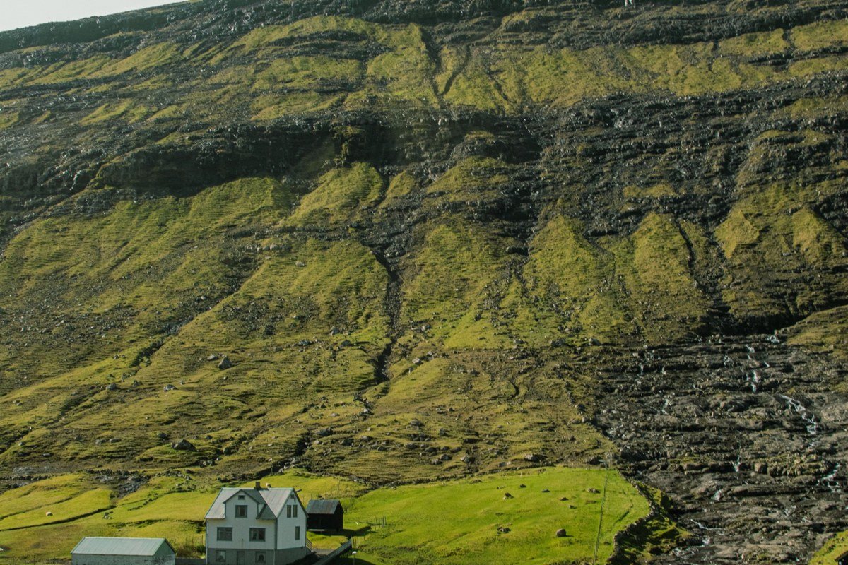 Tjornuvik Faroe Islands village black sand beach sea stacks Enniberg fog