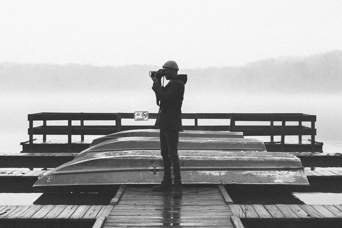 grand-hotel morning fog on Lake Hamilton, Hot Springs, Arkansas, mid-century lakehouse dock in foreground