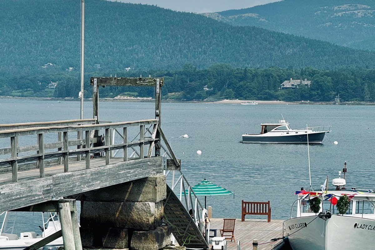 Ogunquit Maine Perkins Cove lobster boats tidal inlet summer blue sky