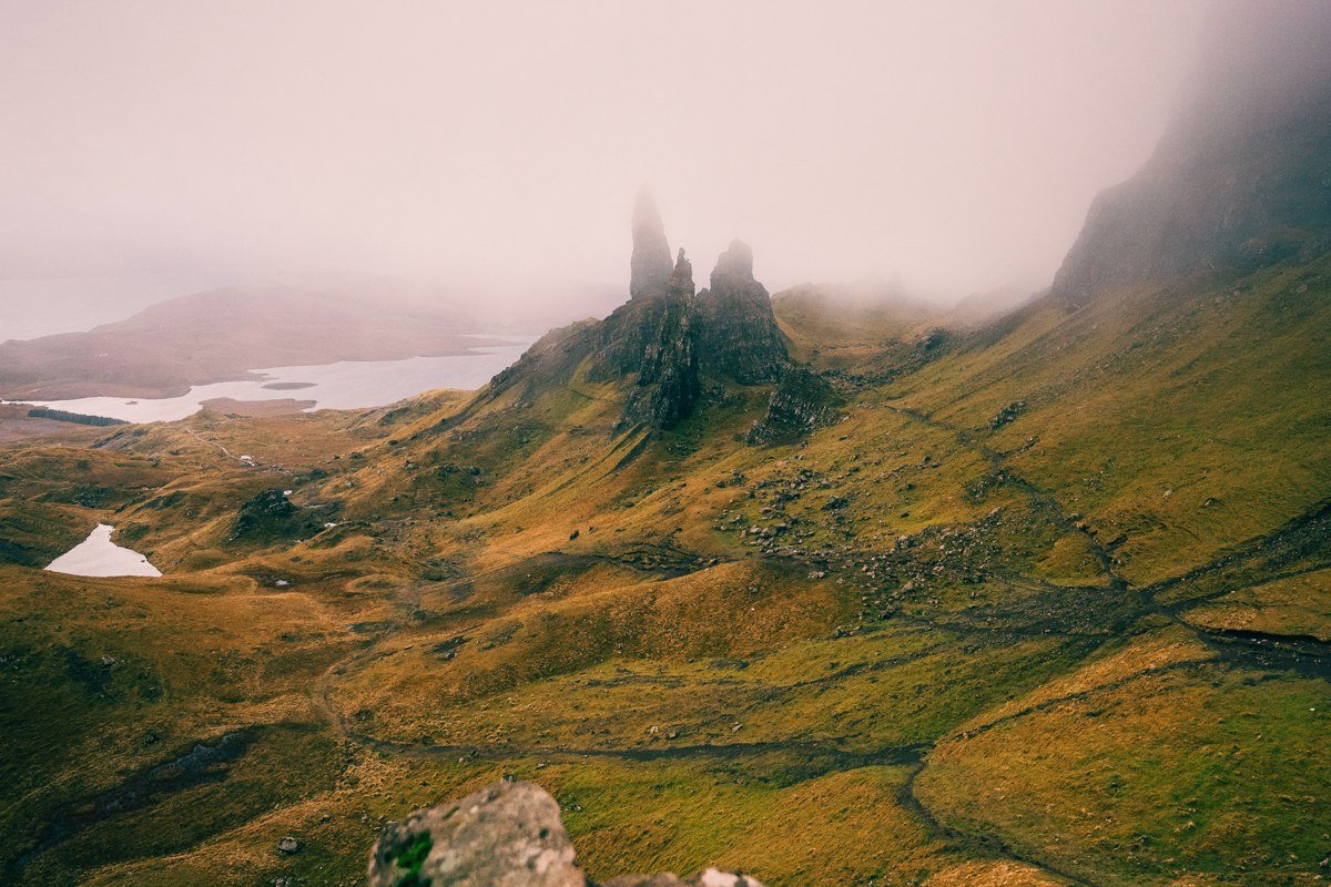 Quiraing Isle of Skye winter mist dramatic rock formations grey clouds