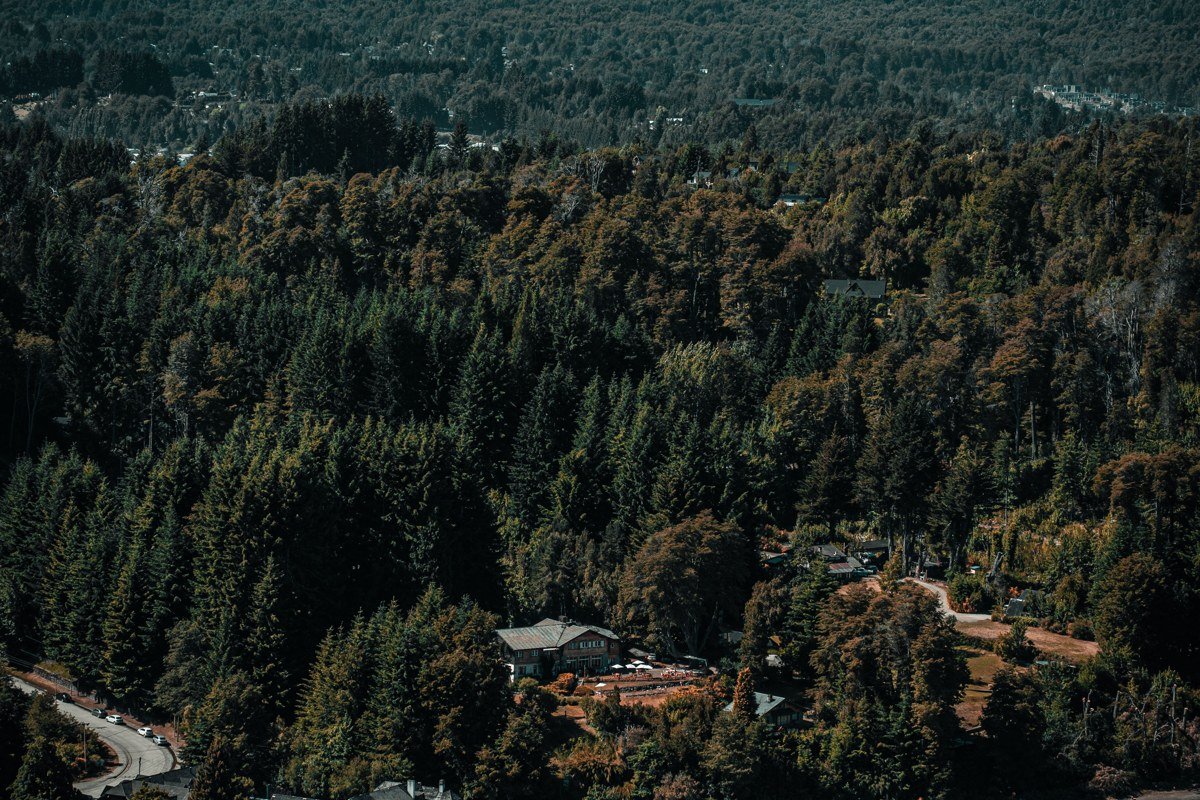 Caleta Tortel Chile wooden boardwalk village cypress forest fjord aerial view