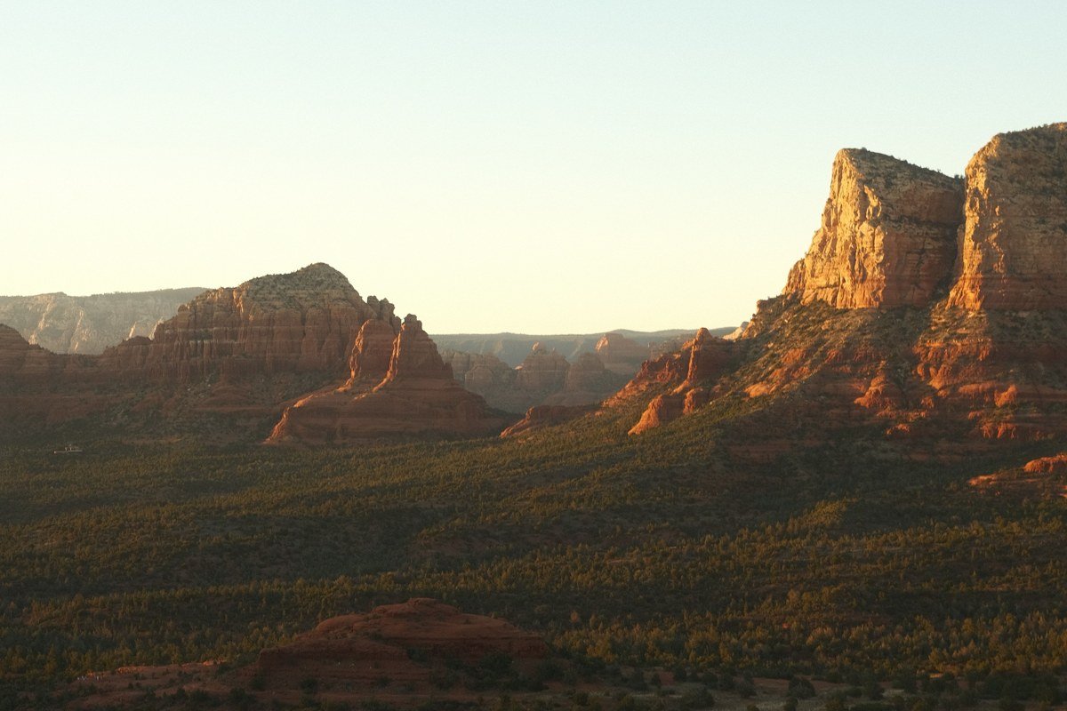 red rock canyon overlook near Sedona Arizona at sunset with layered mesas