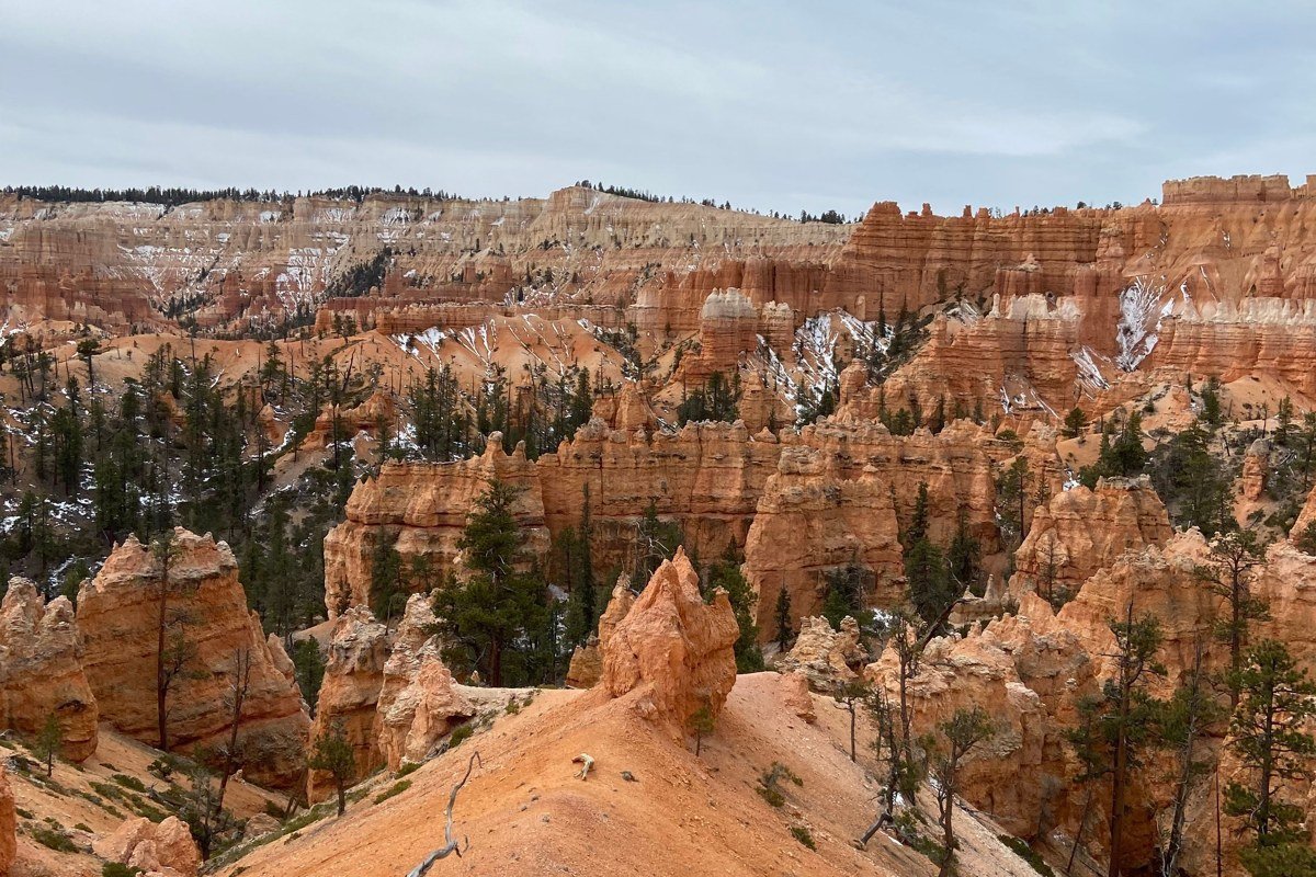 Bryce Canyon hoodoos and orange rock spires covered in snow, Utah