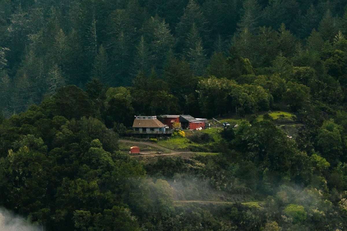 fog drifting over the WWII-era Radar Station B-71 buildings near the Klamath River, California