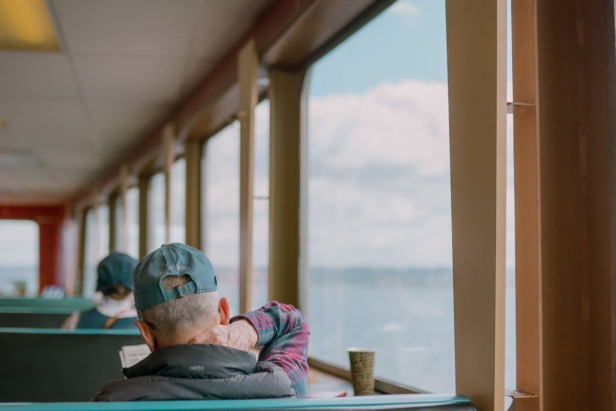 Anacortes ferry terminal Washington state waiting cars sunset