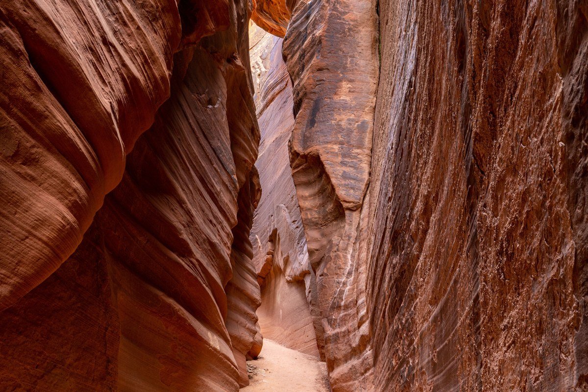 Fiery Furnace narrow sandstone maze canyon walls, winter light, Utah