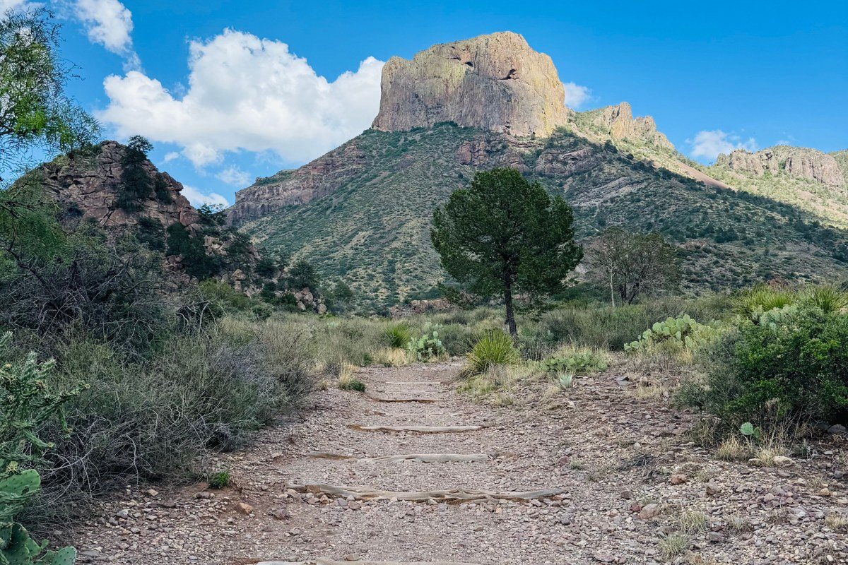 Chisos Basin Big Bend Texas mountain rim overlook with desert valley view below