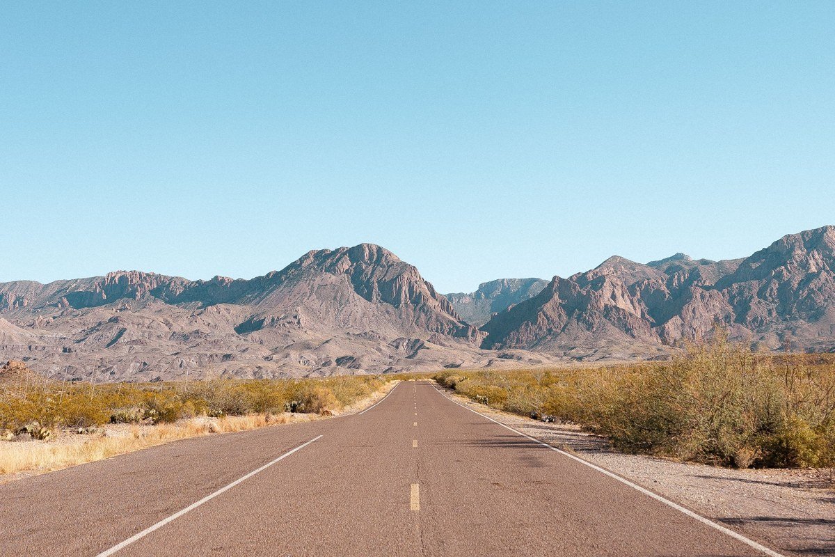 Ross Maxwell Scenic Drive Big Bend Texas red rock desert road at golden hour
