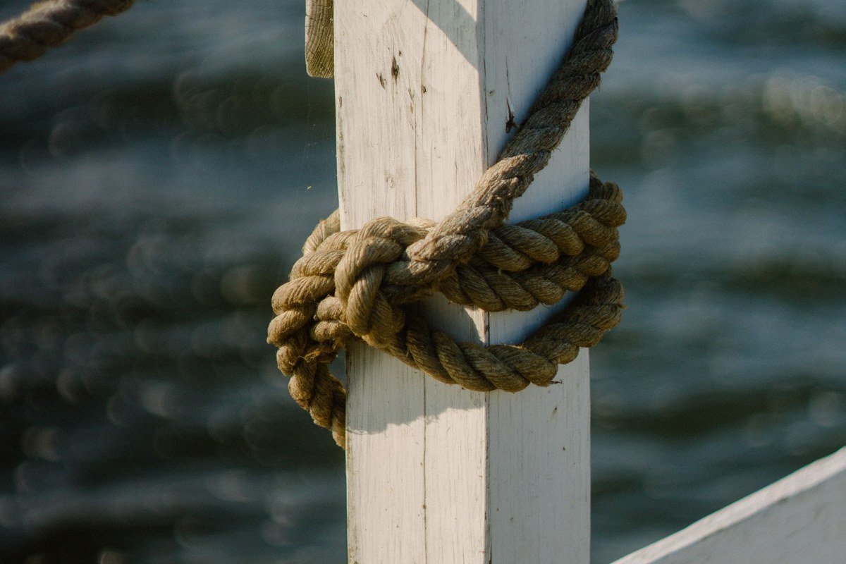 a weathered wooden pier post with peeling paint, fog bank visible just offshore