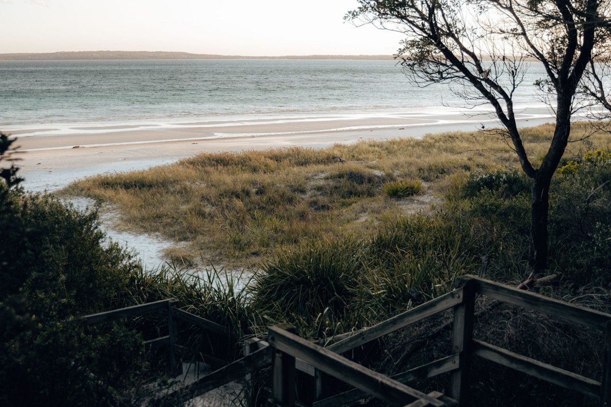a wooden boardwalk cutting through marsh grass toward the beach, no people in frame