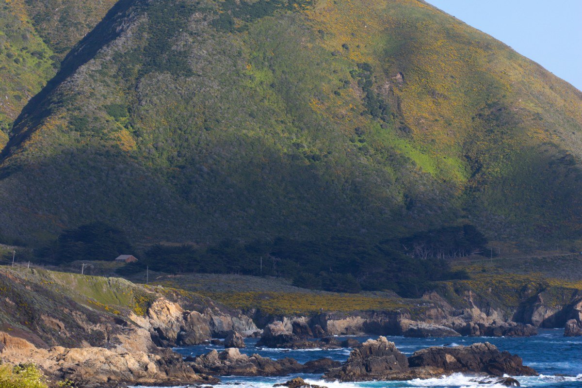 Big Sur California coastline wide shot of Highway 1 winding along cliffs above the Pacific