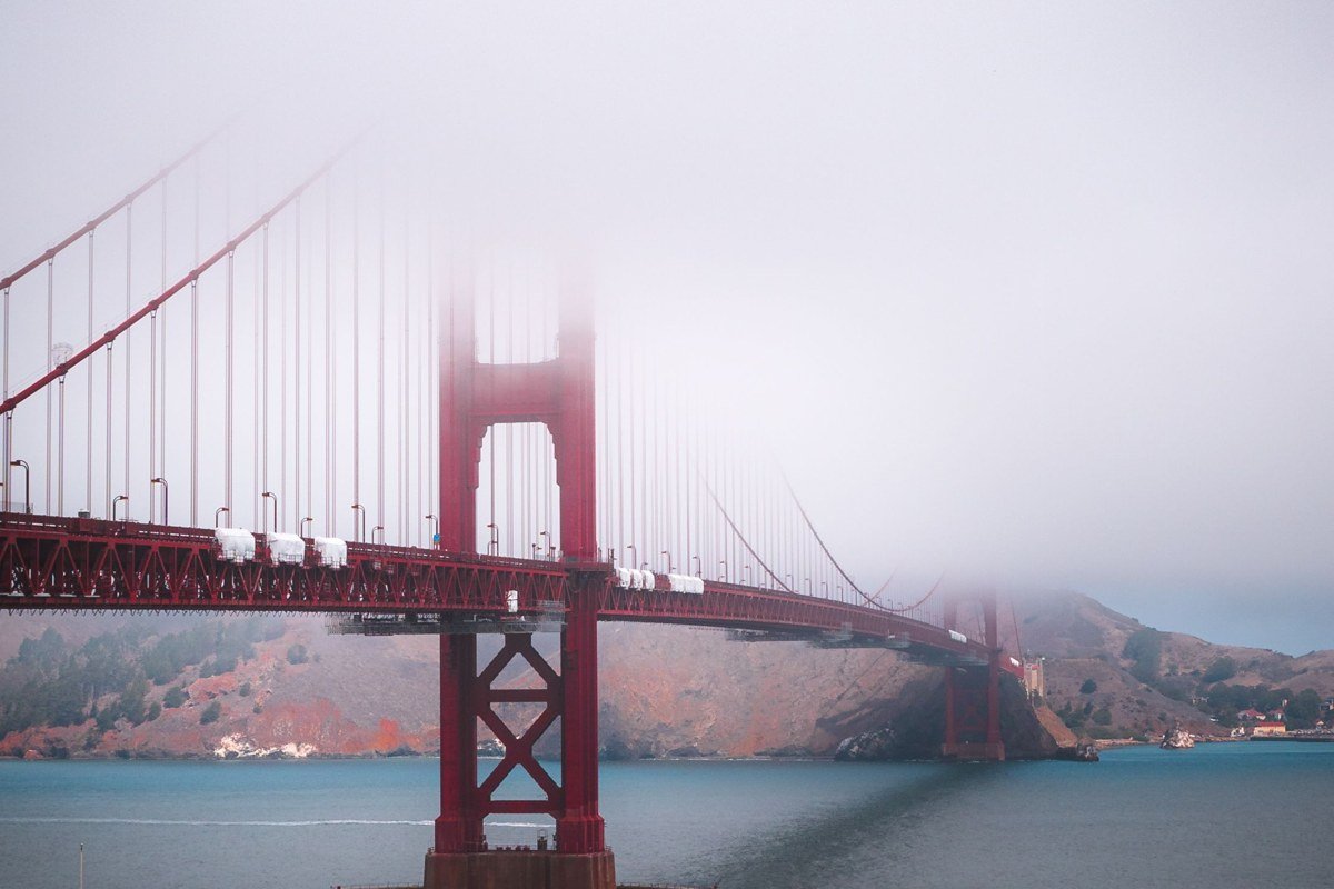 Bixby Bridge California shrouded in fog with only the arch silhouette visible