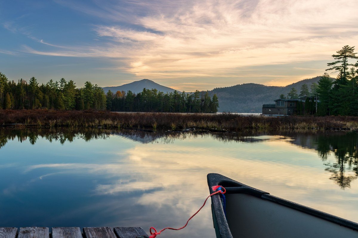Indian Lake New York misty morning canoe wooden dock