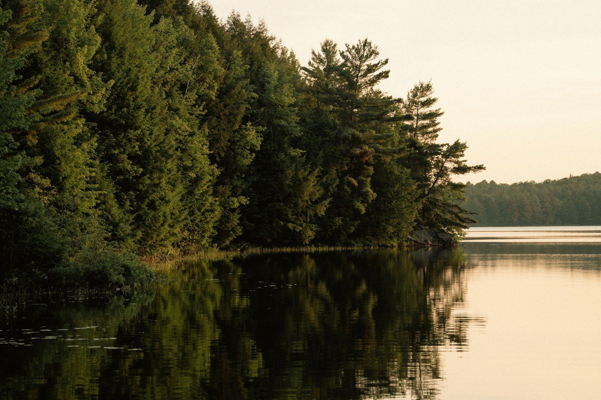 Saranac Lake village downtown reflected in still water at golden hour