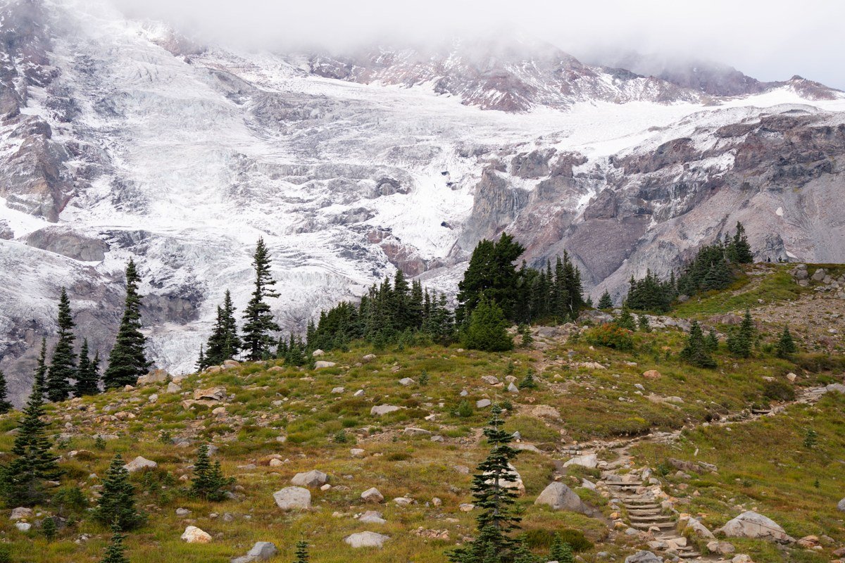 Skyline Trail Paradise Mount Rainier hikers above cloud layer with summit visible