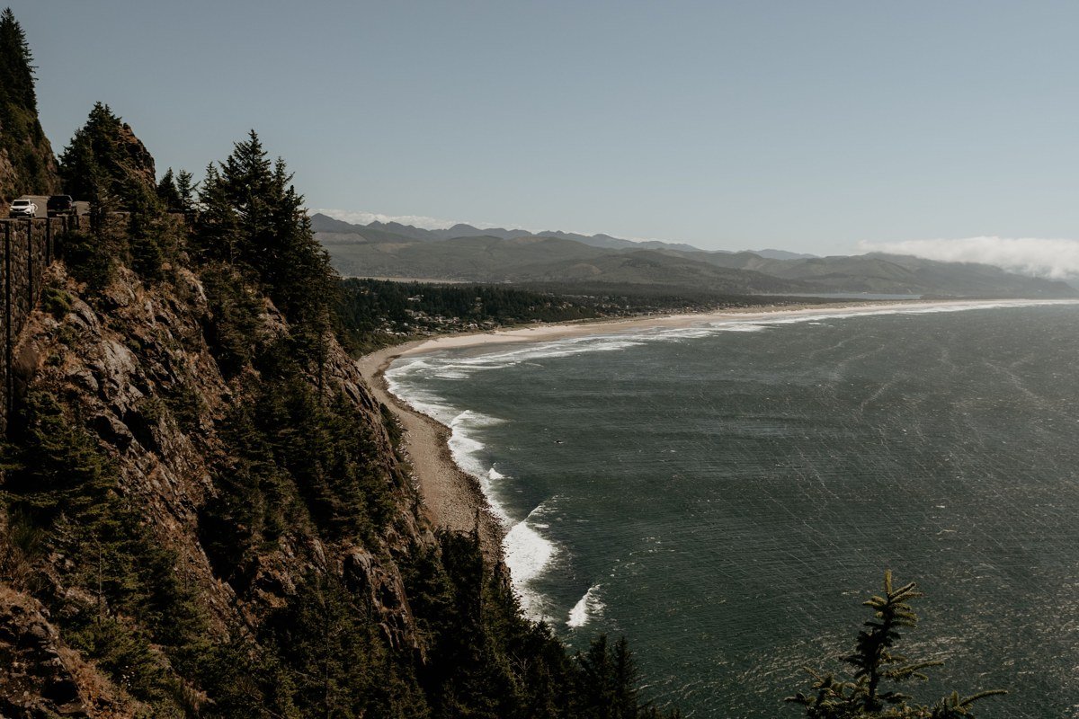 Cape Kiwanda Pacific City Oregon sandstone cliffs with fog over the ocean