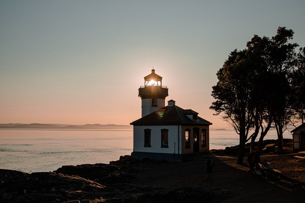 Lime Kiln Point State Park lighthouse on San Juan Island at sunset with calm water