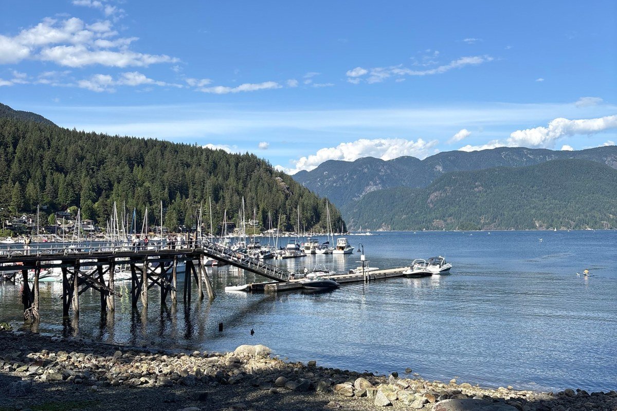 Eastsound village on Orcas Island with waterfront restaurants and Cascade mountain backdrop