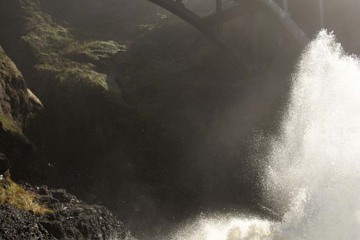 Yachats Oregon rocky shoreline waves crashing in thick fog