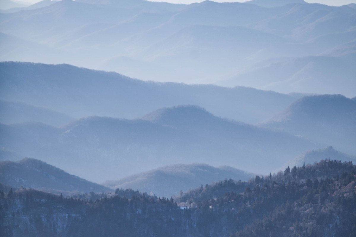Chilhowee Overlook Foothills Parkway sunrise silhouette of Smoky Mountains ridgeline, Tennessee