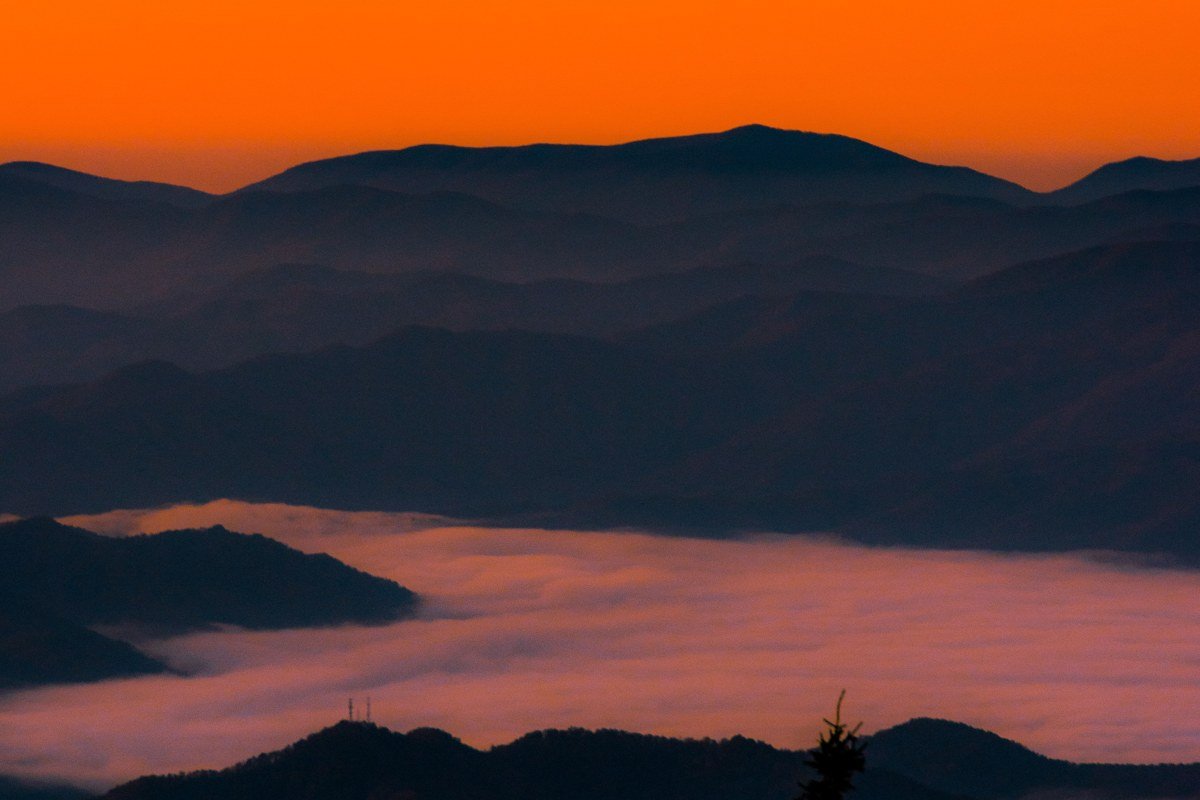 Morton Overlook Newfound Gap Road sunset alpenglow on Smoky Mountains ridges, Tennessee