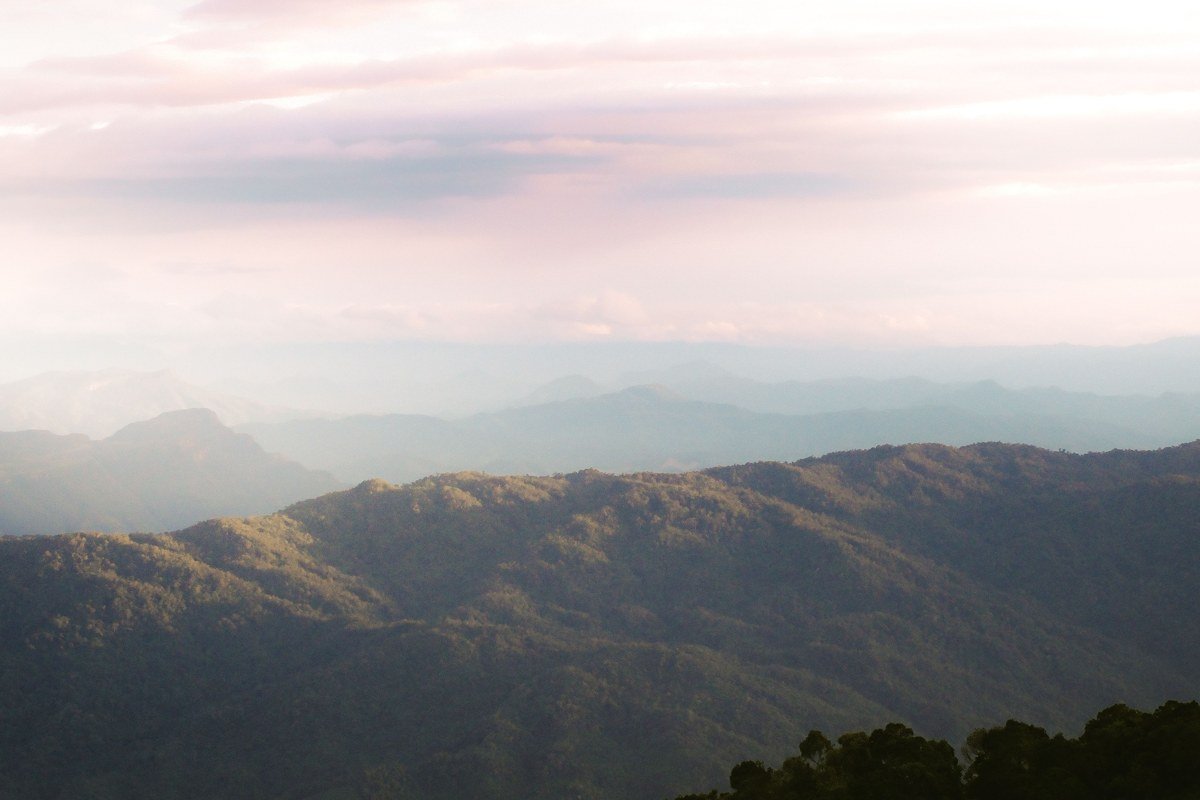 Foothills Parkway East misty valley sunrise near Cosby entrance, Tennessee